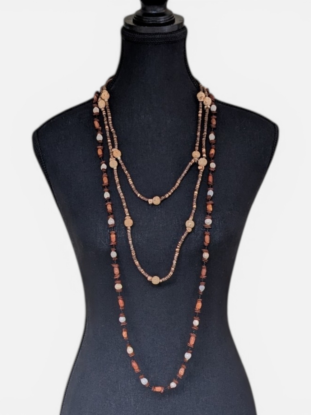 Natural Boho Long Necklace Set: Job's Tears, Sea Beans, Carved Bone & Coconut